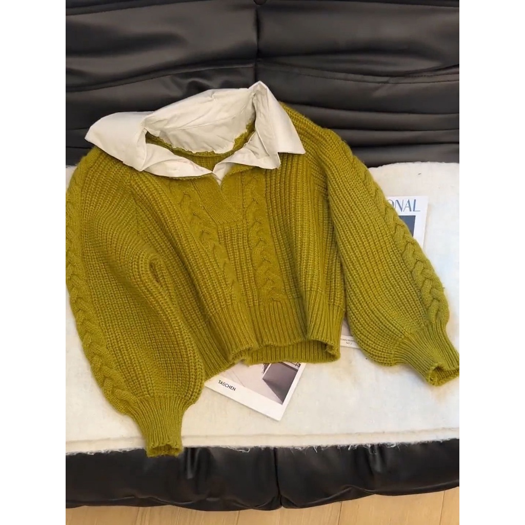 Áo sweater Giả Hai Lớp Cổ polo Dáng Ôm Phong Cách Thời Trang Pháp
