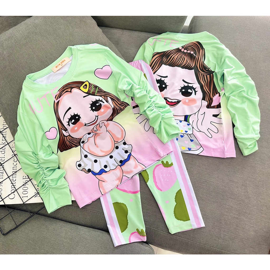 12kg-40kg Đồ bộ dài tay cho bé gái gấu dâu size đại thun lạnh chính phẩm in 3D - bộ thu đông bé gái