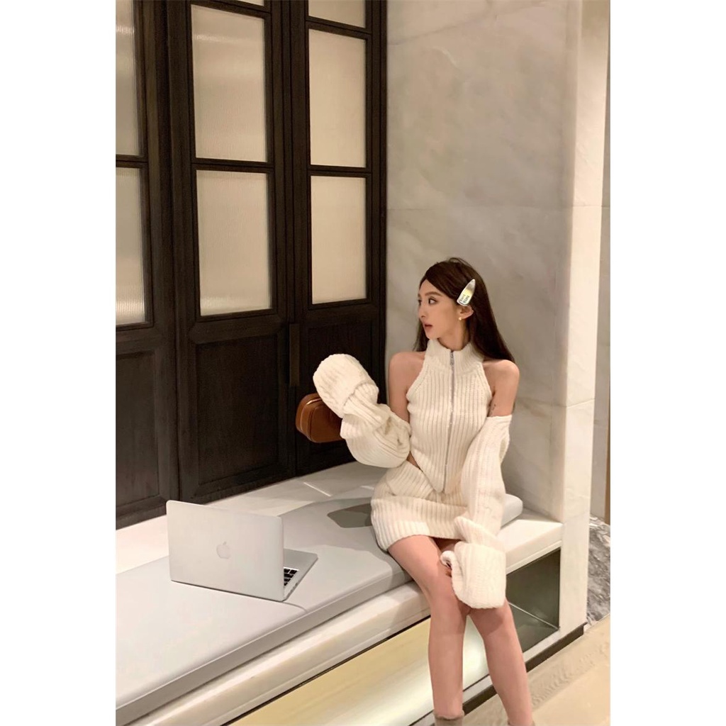 Áo Khoác cardigan Len Tay Dài Cổ Cao Nhỏ Hai Mảnh Phối Váy Lưng Cao