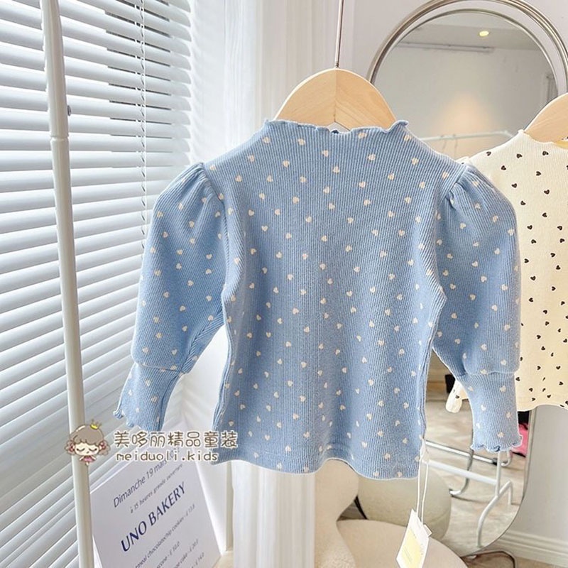 Áo Thun cotton Tay Phồng Dài Cổ Cao In Họa Tiết Trái Tim Thời Trang Xuân Thu Cho Bé Gái 3-7 Tuổi