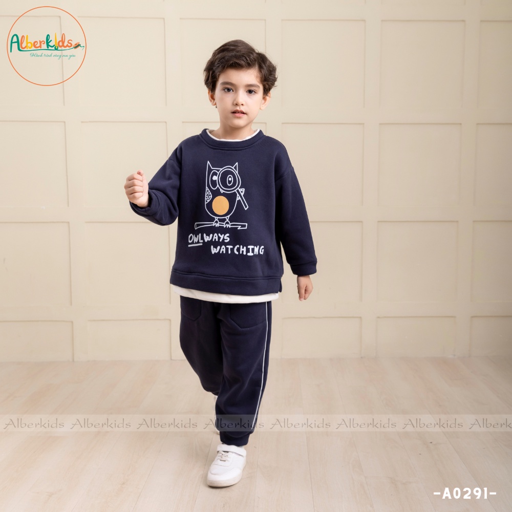 Bộ đồ nỉ bé trai ALBERKIDS in hình con Cú không mũ cho trẻ em 2,3,4,5,6,7,8,9,10,11,12 tuổi [A0291]