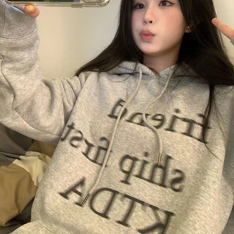 Zhu Xia Áo Hoodie Nữ Tay Dài In Chữ Phong Cách retro