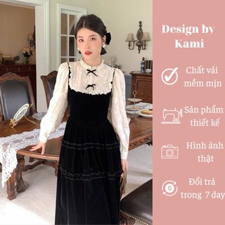 Váy nhung đen dáng dài phối cổ ren bèo tiểu thư Ema size S M L XL hàng thiết kế cao cấp YAM MiNi STORE