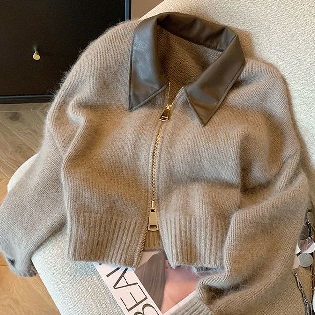 Áo Khoác cardigan Da Dệt Kim Dáng Ngắn Phối Khóa Kéo Đôi Thoải Mái Thời Trang Hàn Quốc 2023 Cho Nữ