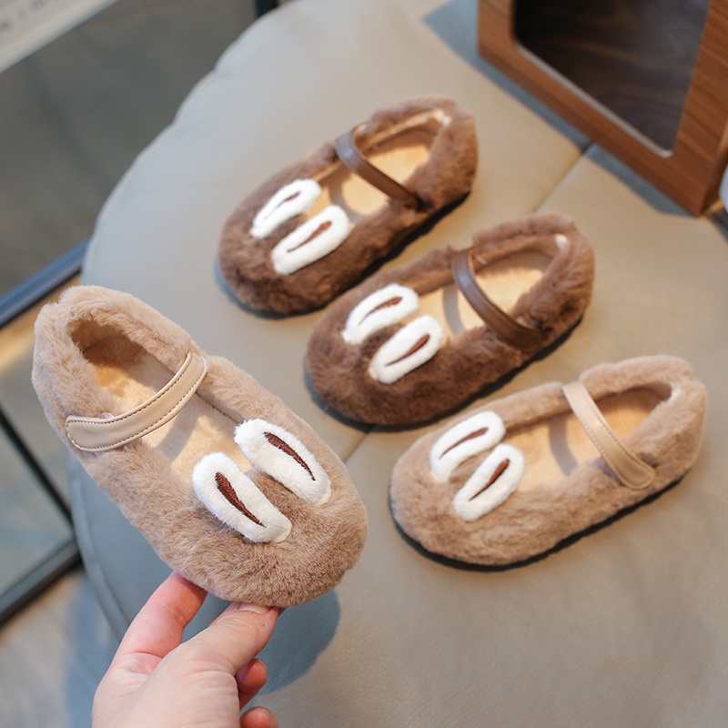 Giày Mocasin Mùa Đông Bằng Vải Bông Có Tai Thỏ Dễ Thương Thời Trang Có Móc & Vòng Tròn Thông Thường Cho Bé Gái Mới