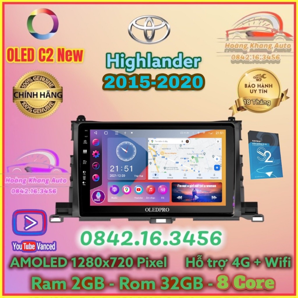 Màn hình Android OLED C2 New Theo Xe TOYOTA HIGHLANDER 2015 - 2020, kèm dưỡng và jack nguồn zin .