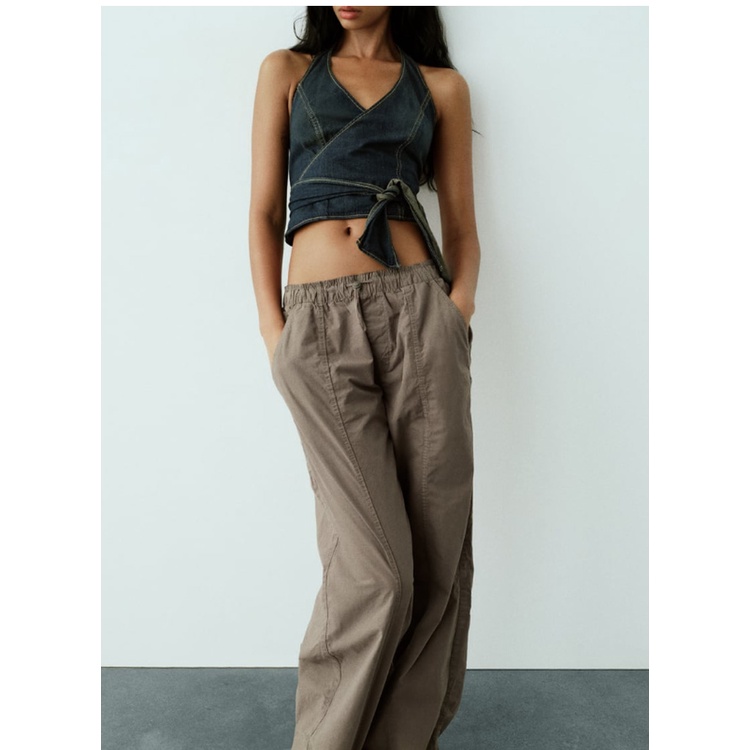 Zara Quần Dài Lưng Thun Dáng Rộng Có Khóa Gài Phong Cách Mùa Thu 235520207