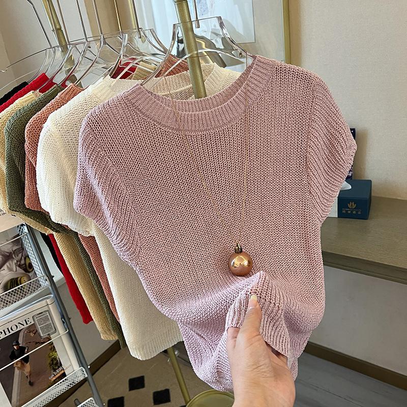 Áo sweater Dệt Kim Tay Ngắn Vải Lụa Lạnh Mỏng Thời Trang Mùa Hè 2023 Phong Cách Pháp Cho Nữ
