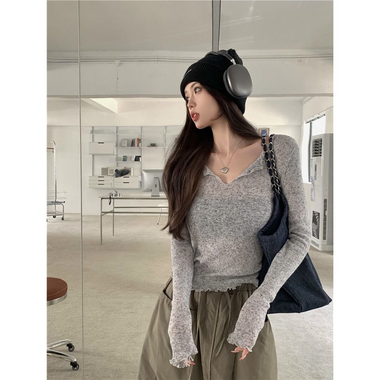 Áo Thun Tay Dài Cổ Chữ V Phối Ren Phong Cách Hàn Quốc Quyến Rũ Cho Nữ