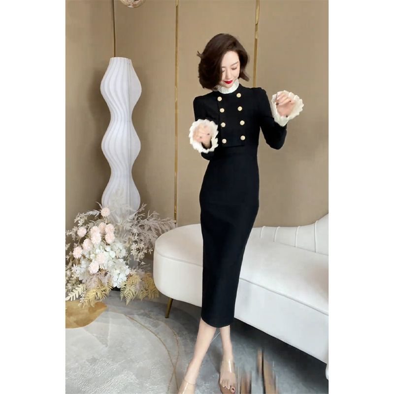 Đầm Thu Đông Màu Đen Cổ Đứng Siêu Đẹp Cao Cấp