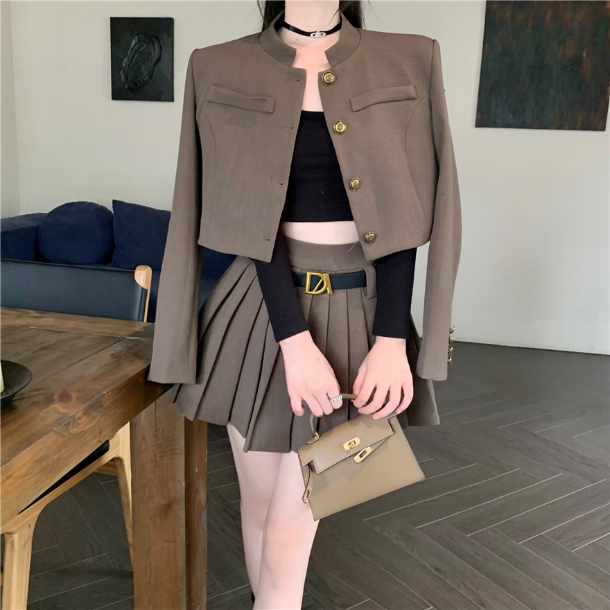 Bộ Áo Khoác Dài Tay 2 Dây + Chân Váy Xếp Ly Thời Trang Nữ Tính