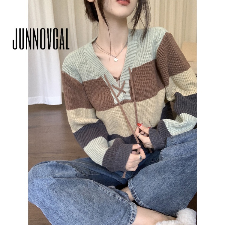 Junnovgal Áo Sweater Cổ Chữ v Tay Dài Dáng Ôm Phối Màu Tương Phản Thời Trang 2023