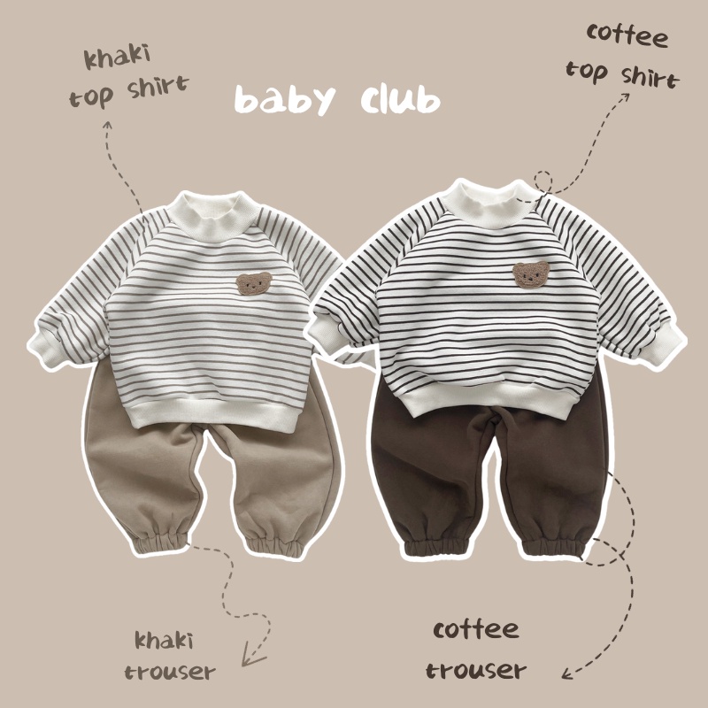 Set Đồ Thu Đông Gồm Áo Tay Dài Kẻ Sọc Thêu Hình Gấu Dễ Thương + Quần Dài Màu Trơn Cho Bé 0-36 Tháng Tuổi