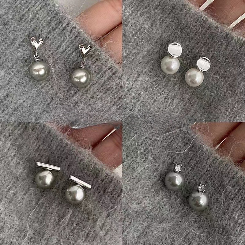 Thời Trang Bông Tai Mạ Bạc 925 Hình Trái Tim Đính Ngọc Trai Xám