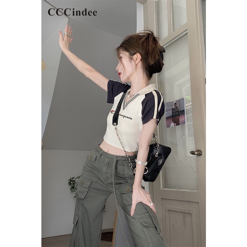 Áo Thun Polo Tay Ngắn Cổ Chữ V Dáng Ôm Phối Màu Tương Phản Thời Trang 2023 Cho Bạn Gái