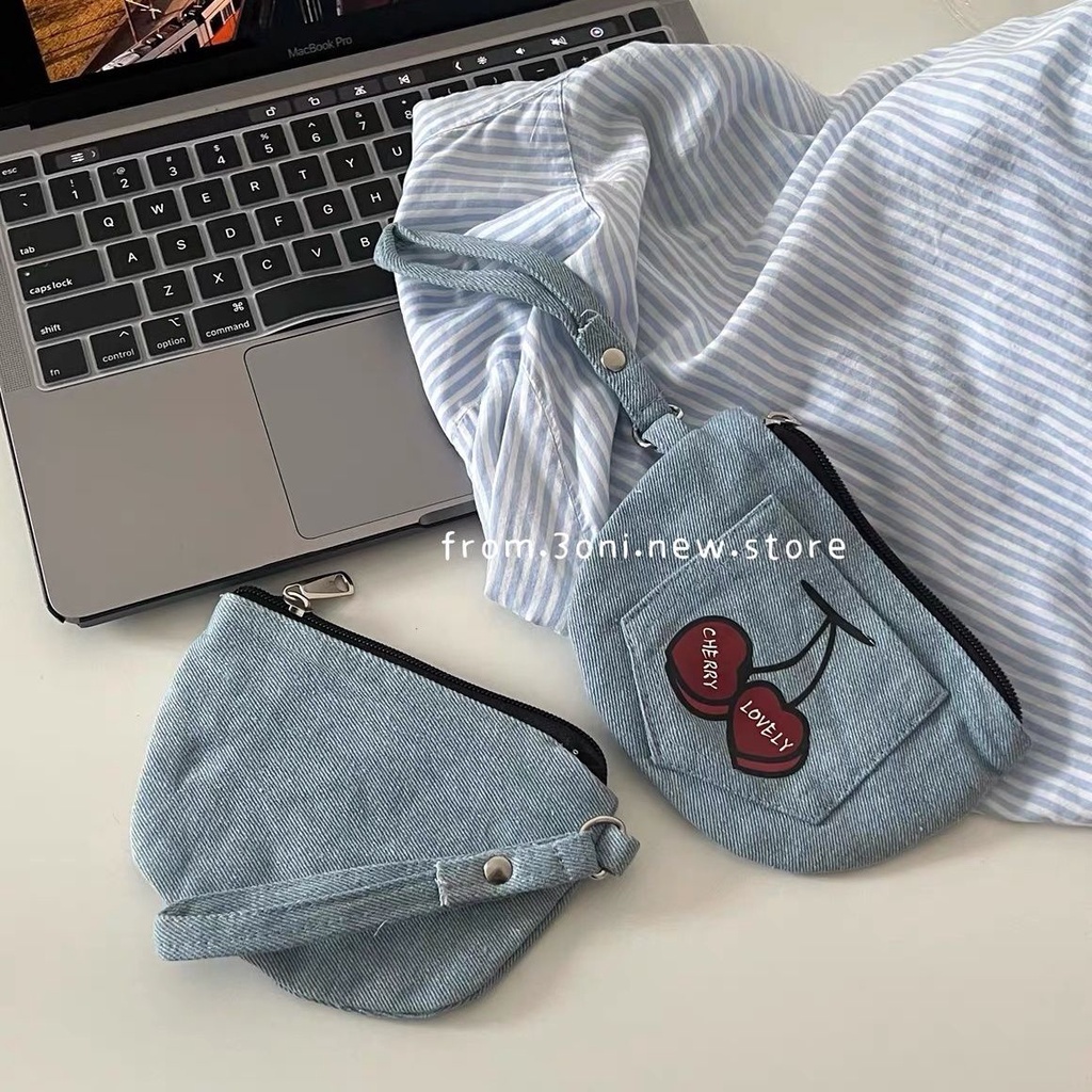 Ví Vải denim Đựng Tiền Xu Màu Xanh cherry Xinh Xắn