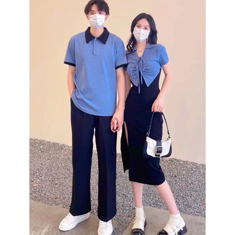 Váy thun đôi nam nữ cổ bẻ rút thun xẻ tà dễ thương xanh navy phối đen