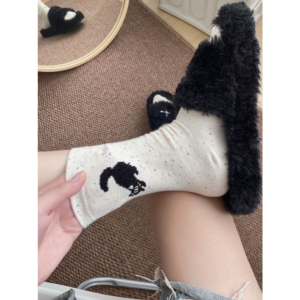 Vớ Màu Trơn Thêu Hình Mèo Ăn Cá Phong Cách Đường Phố Hàn Quốc Dễ Phối Đồ