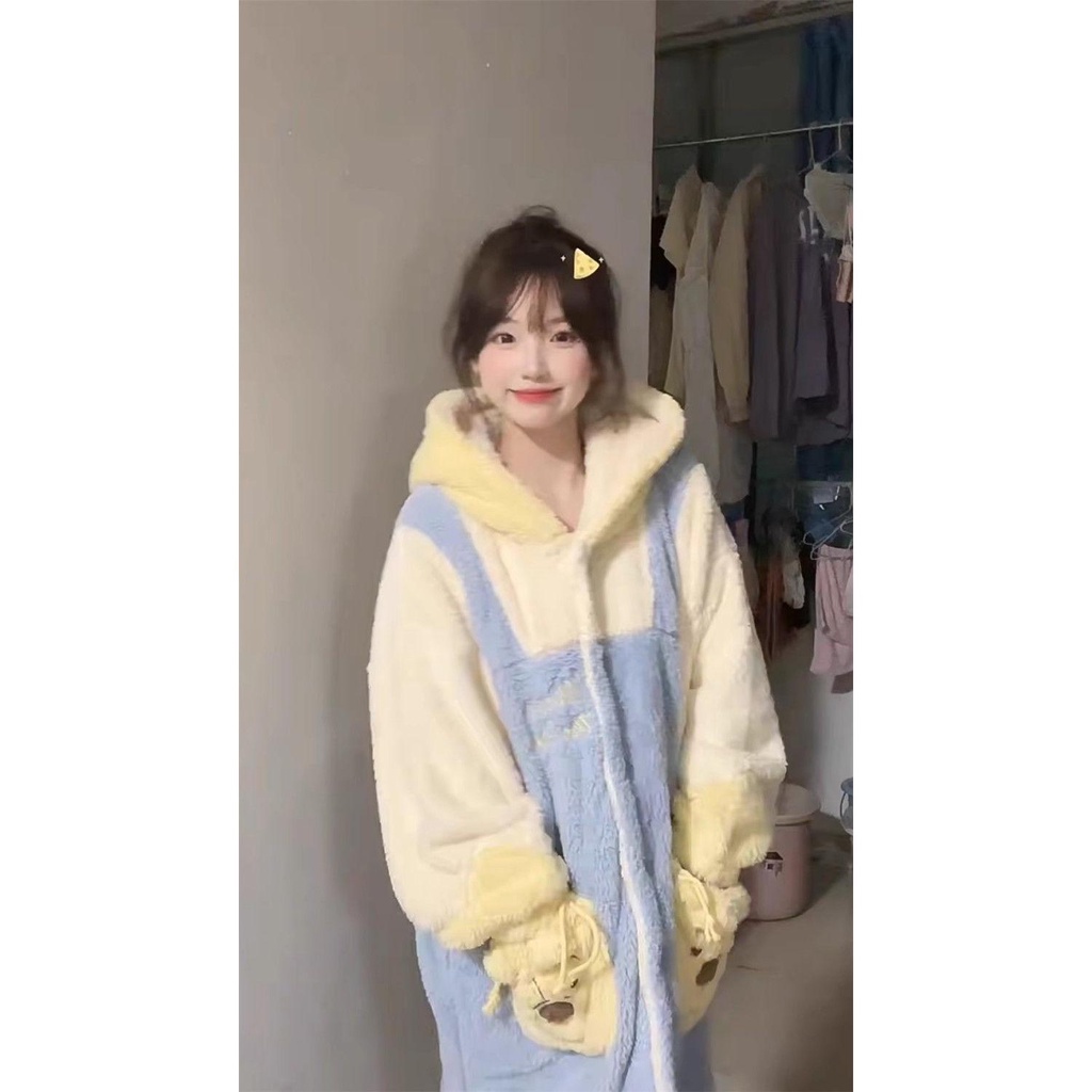 Áo Choàng Ngủ Có Mũ Trùm Đầu Bằng Lông Cừu San Hô Dày Dặn In Hình winnie the pooh Phong Cách Mới 2023