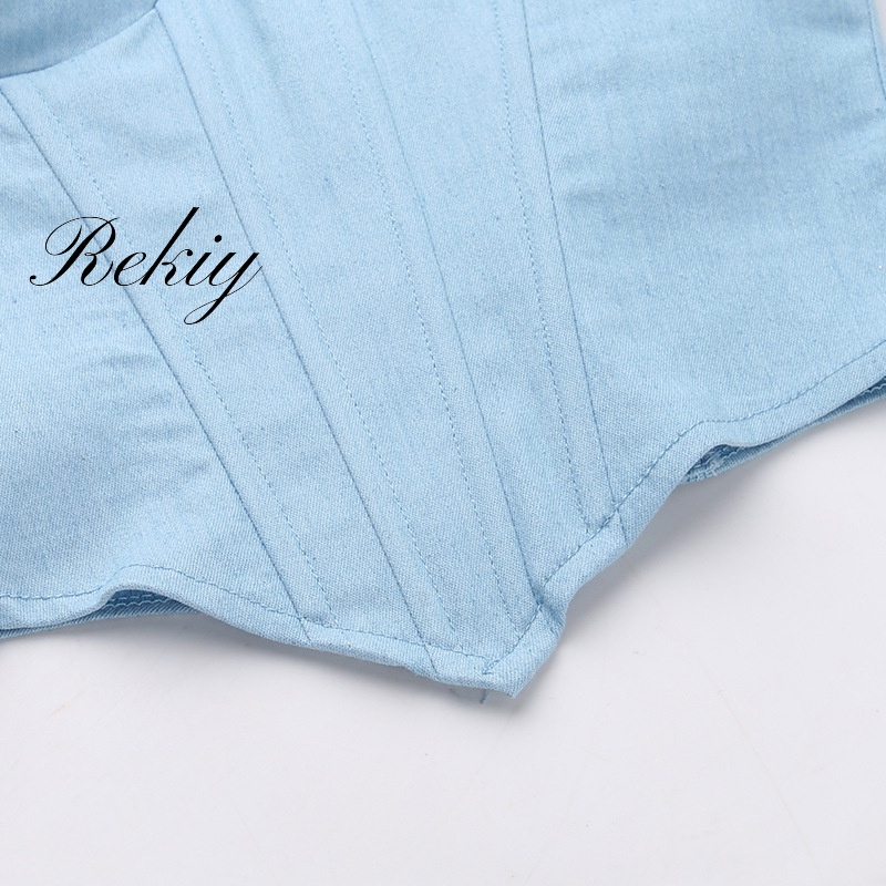 Rekiy Áo Ống Màu Xanh Dương Chất Liệu denim Thời Trang 2023 Cho Nữ