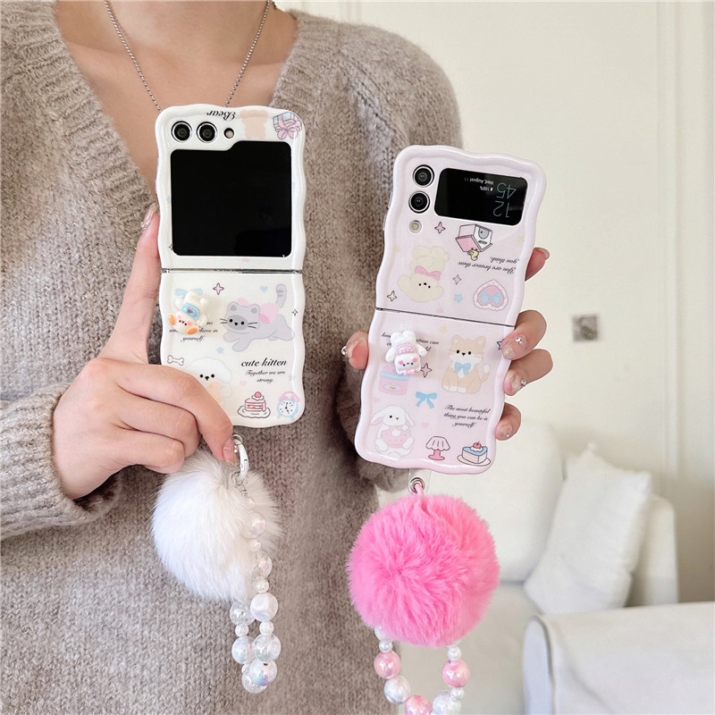Ốp Điện Thoại imd Hình Mèo 3d Chống Sốc Gắn Dây Xích + Bóng Lông Cho samsung galaxy z flip 4 3 5 z flip5 zflip5