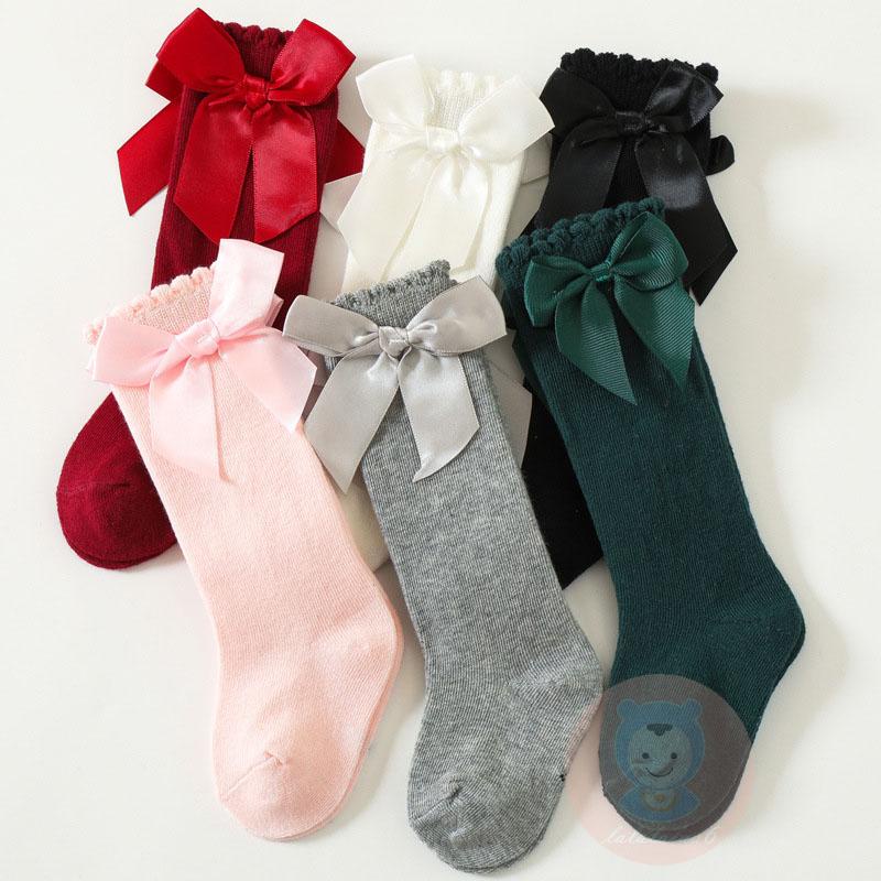 Vớ cotton Cao Đến Đầu Gối Màu Trơn Đính Nơ To Dễ Thương Dành Cho Bé Gái laa6-baby