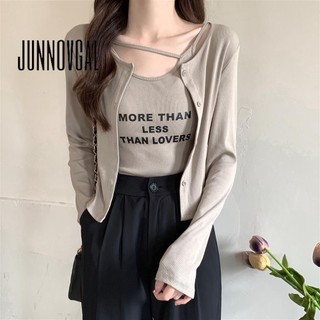 Áo thun nữ JUNNOVGAL Plus Size dáng rộng vừa vặn dài tay màu trơn in chữ phong cách mới