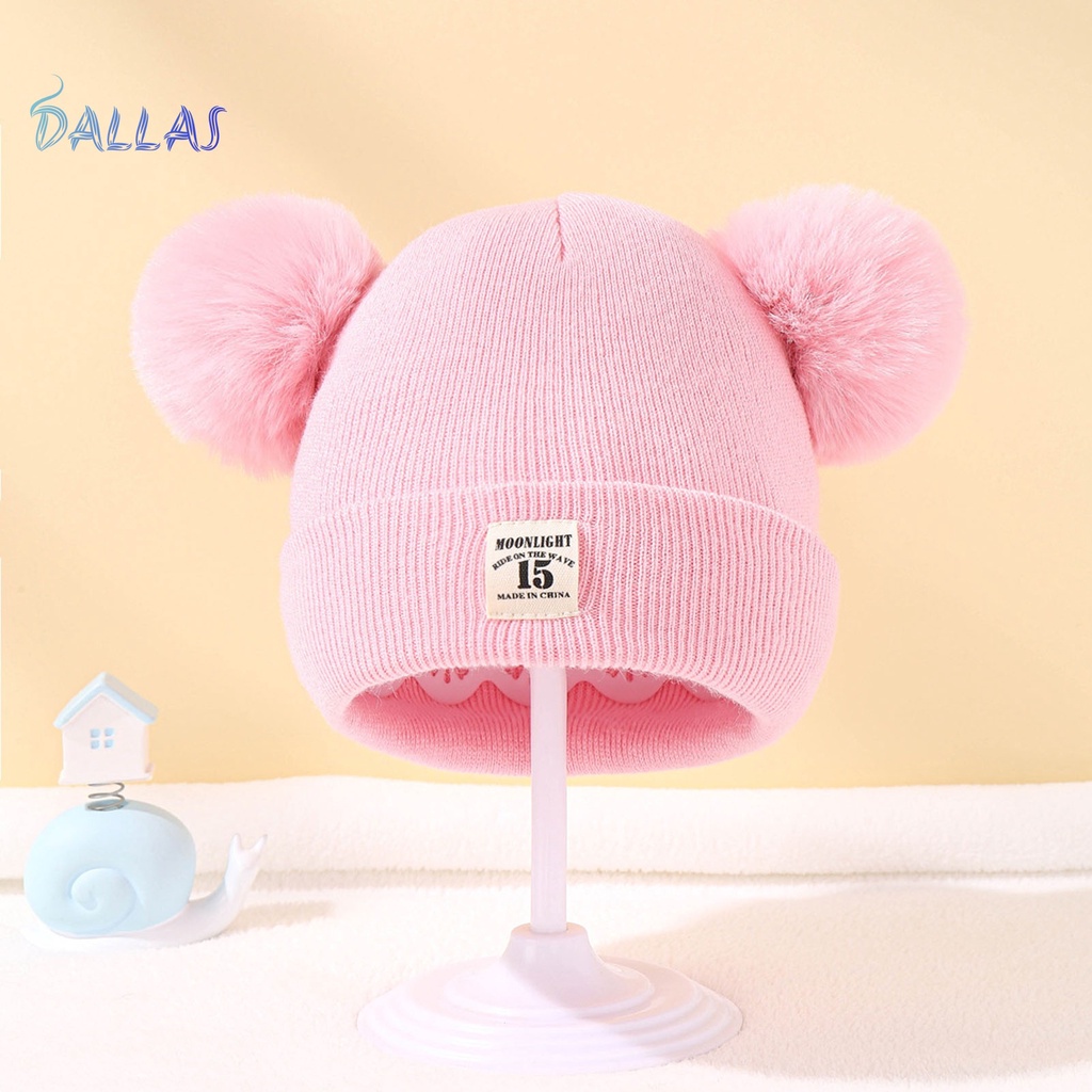 Mũ beanie Dệt Kim Màu Trơn Trang Trí Bóng Lông Cho Bé