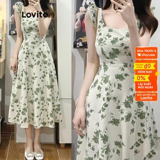 Lovito Váy thường ngày Váy không tay viền hoa xà lách cho nữ LNA06128 (Xanh)