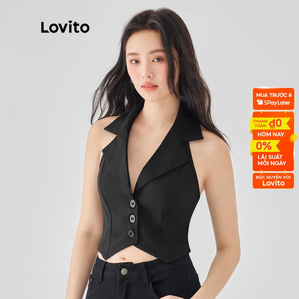 Lovito Áo ba lỗ không tay cổ chữ V phía trước kiểu dáng đơn giản cho nữ L49AD024 (Đen)