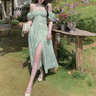 Đầm Lovito họa tiết hoa xẻ tà khóa kéo sau lưng thời trang phong cách Boho cho nữ LNE13056 (Xanh lá)