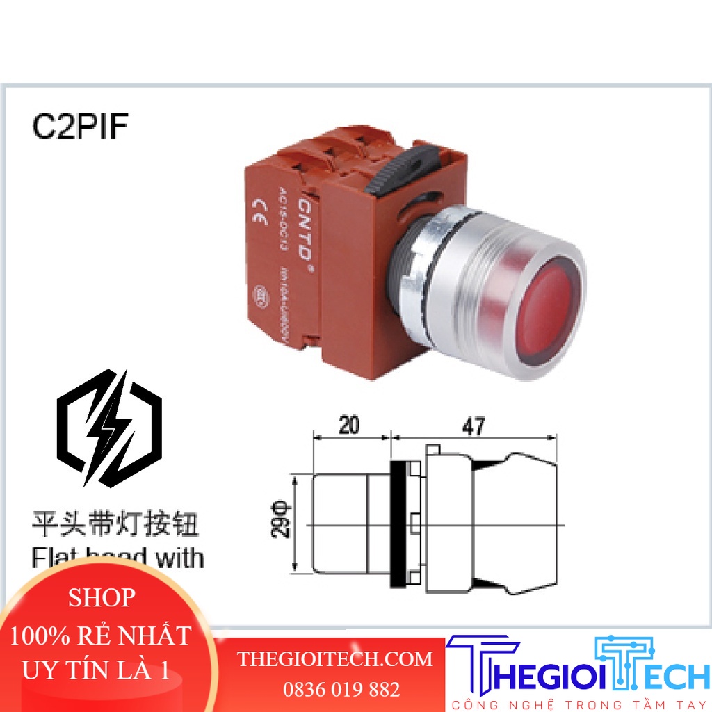 Nút Nhấn nhả CNTD 22MM có đèn chiếu sáng màu Đỏ 220V AC (C2PIF-22 ) Momentary Button