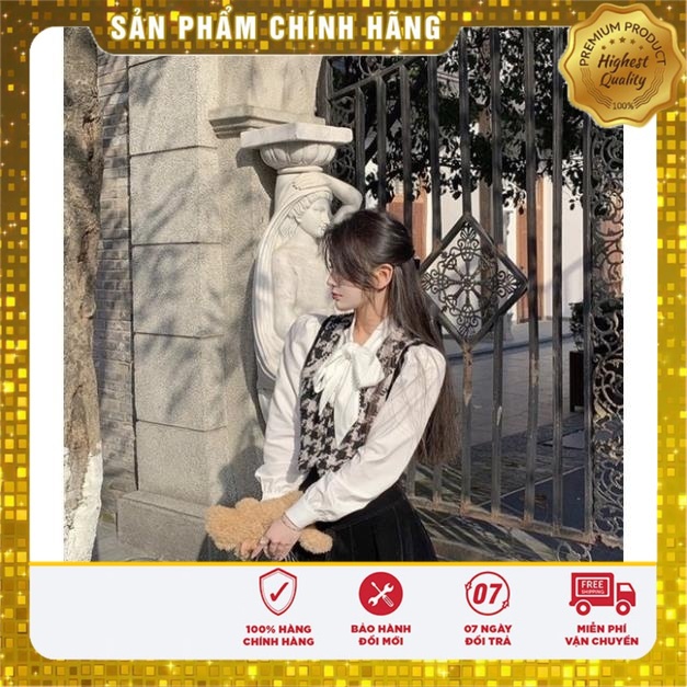 VS21 Vivi Shop Set Dạ 2 Món Áo Gile Kẻ Liền Sơ Mi Trong Siêu Dễ Thương phong Cách Hàn Quốc Có Ảnh Thật