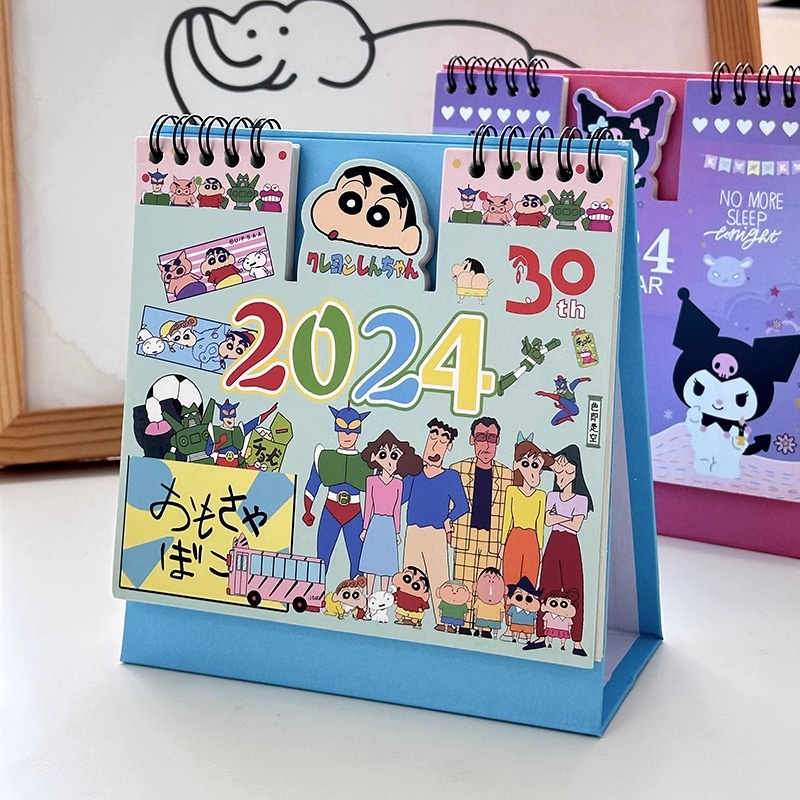 SANRIO Bút Chì Màu Dễ Thương Shin-chan Kuromi Cinnamoroll Họa Tiết Hoạt Hình Lịch Để Bàn 2024 Hàng Ngày Lịch Hàng Tháng Đồ Trang Trí Để Bàn Món Quà Dễ Thương -top3C01