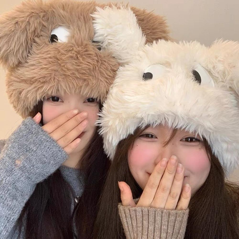 1 Mũ Len Lông Xù Dày Dặn Đính Đôi Mắt To Vui Nhộn Thời Trang Mùa Đông