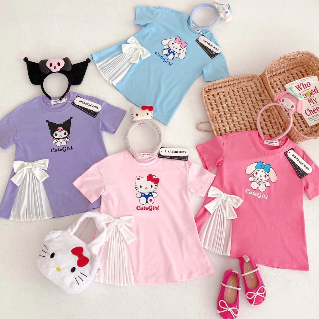 90-140cm ins Cô Gái Mùa Hè Bé Quế Chó Giai Điệu Kuromi Hello Kitty Đầm Nơ Bốn Màu Đầm Áo Thun