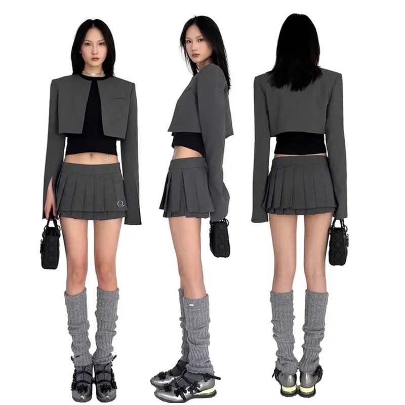 Chân váy xếp li thêu chữ 3 lớp dày dặn QC- Kem.Studio