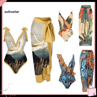 1 Bộ Đầm Dài Đi Biển / Lướt Sóng Bằng polyester Hở Lưng In Họa Tiết monokini Cổ Điển Cho Nữ