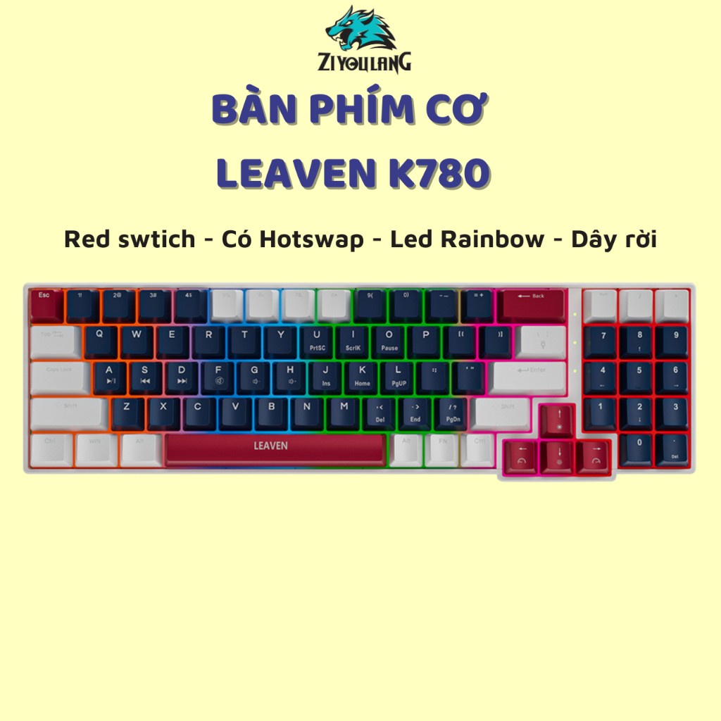 Bàn Phím Cơ Full Size Leaven K780  - Red Switch - Có Hotswap - Led Rainbown - Dây rời - Hỗ trợ mọi thiết bị