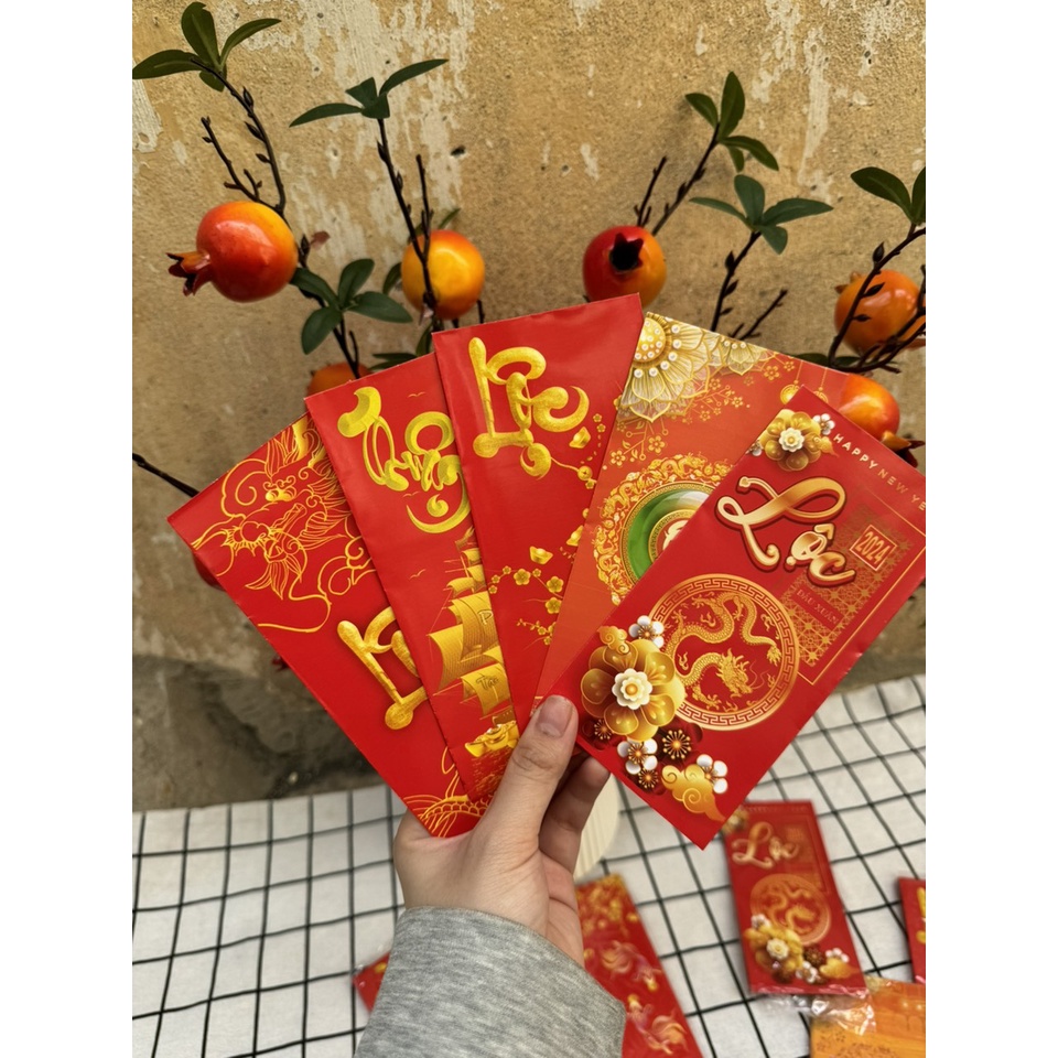 Set 10 bao lì xì đỏ mừng tuổi năm mới hoạt hình chibi, tài lộc đón xuân giáp thìn năm 2024