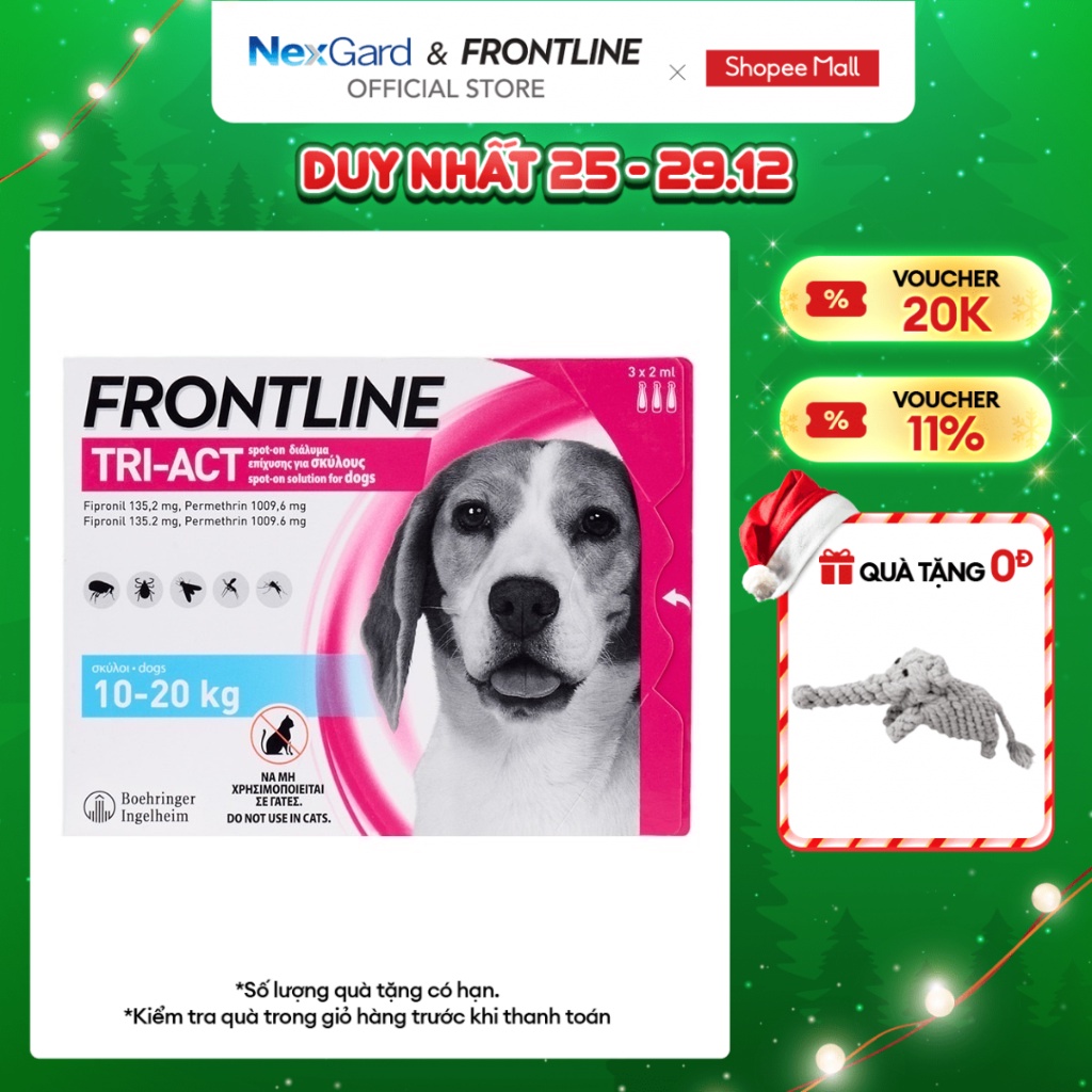 Frontline Tri-Act - Tuýp nhỏ gáy phòng & trị ve, rận, bọ chét, ruồi, muỗi dành cho chó (10-20kg) - 1 hộp 3 tuýp