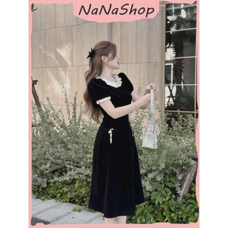 Váy nhung cổ bèo xếp ly đính nơ tay bồng dáng dài, Đầm suông bút chì chất nhung phối lụa cổ kèm tay áo phồng