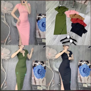 Đầm body cổ bẻ tay ngắn cực xinh , chất thun gân mềm mịn xẻ hông sành điệu