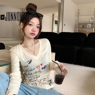 Áo Thun Nữ Tay Dài Dáng Ôm In Chữ JUNNOVGAL Phong Cách Mới 2024