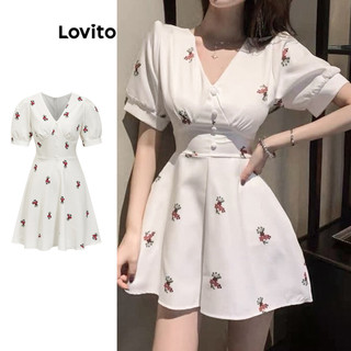 Đầm Lovito họa tiết hoa cài nút xếp nếp phong cách thường ngày cho nữ L85AD183