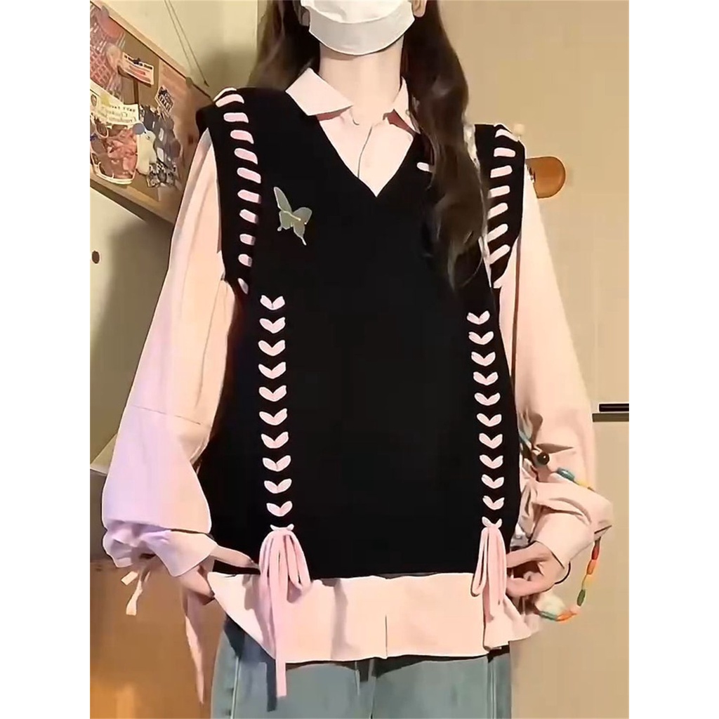 Set Áo Len Dây Rút + Áo Sơ Mi Hồng Mềm Mại handmade Thời Trang Cho Nữ