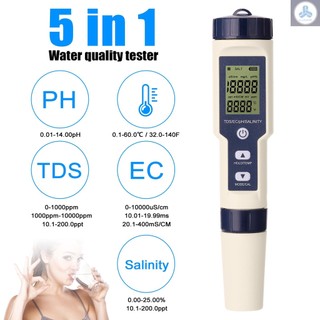 5 trong 1 Máy kiểm tra kết hợp đa thông số chuyên nghiệp Máy kiểm tra chất lượng nước PH/EC/TDS/Độ mặn/Nhiệt kế
