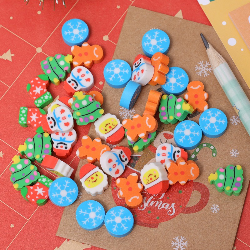 Set 10 Cục Tẩy / Tẩy Bút Chì Bằng Cao Su Mềm Hình Hoa Tuyết / Ông Già Noel Hoạt Hình Vui Nhộn Làm Quà Tặng Cho Học Sinh