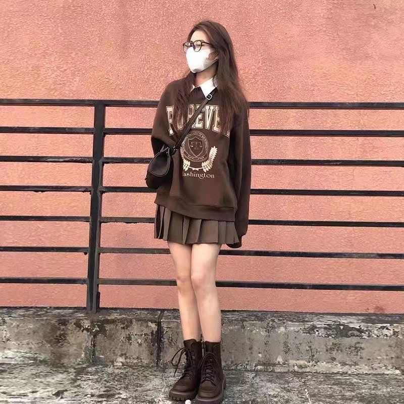 Set Áo Nỉ Dài Tay + Chân Váy Xếp Ly Thời Trang Dành Cho Nữ