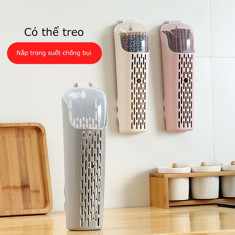 Ống đựng đũa dán tường có nắp chống bụi, treo đũa nhà bếp tiện lợi--Giuseppe123